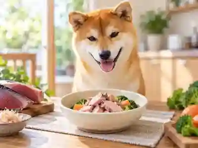 カツオ系の魚肉や削り節を使った食事を前にする犬のイメージ写真