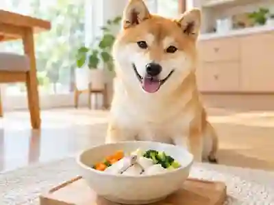 白身魚を使った食事を前にする犬のイメージ写真