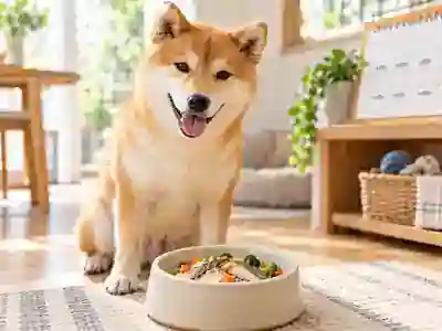 魚を使った食事を前にする犬と毎日の食事計画をイメージした写真