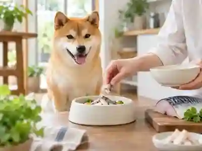 魚を使った食事を飼い主が準備し、犬が見守っているイメージ写真