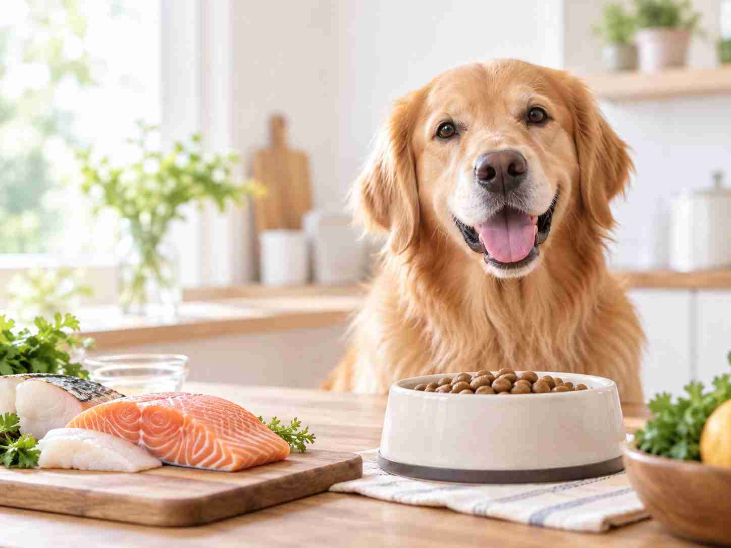 犬と魚を使った食事のイメージ写真
