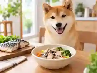 サバを使った食事を前にする犬のイメージ写真