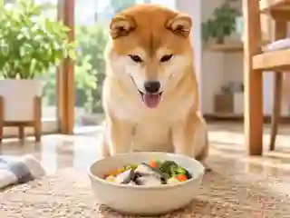 イワシを使った食事を前にする犬のイメージ写真