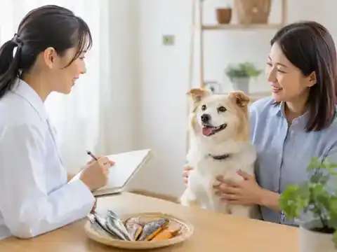 犬の飼い主が専門家と食事について相談しているイメージ写真