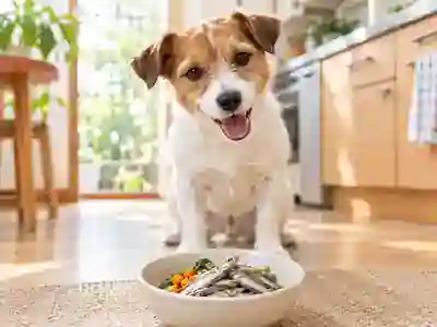小魚を使った食事を前にする犬のイメージ写真